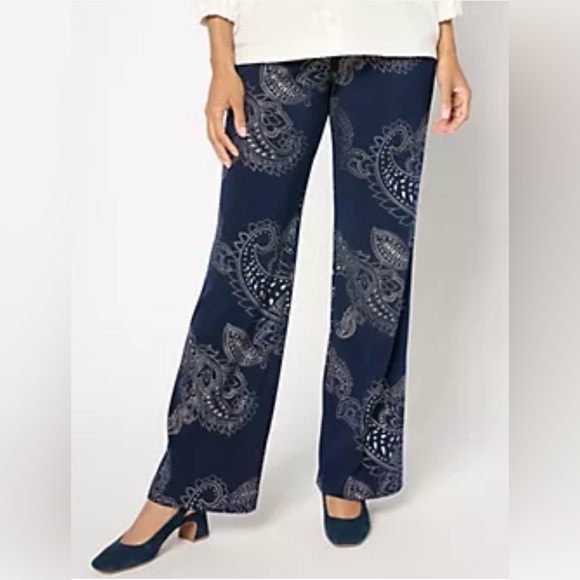 Susan Graver Pants - NWOT Susan Graver Liquid Knit Fusion Metallic Gold Foil Print Pants Sz 2x